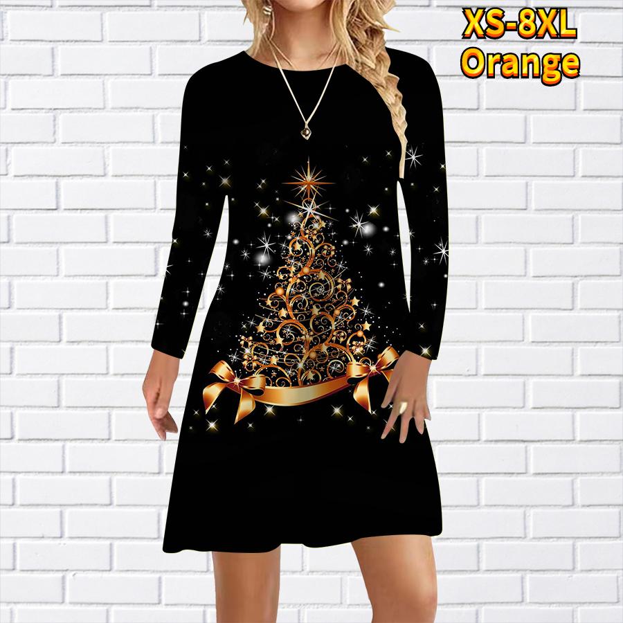 Damen Freizeitkleid mit Stern-Weihnachtsbaum-Print, Kleider für Damen, O-Ausschnitt, kurzärmelig, Übergröße M orange von Joom DACH
