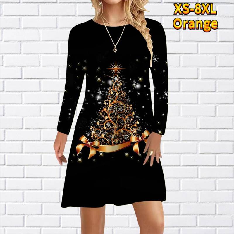 Damen Freizeitkleid mit Stern-Weihnachtsbaum-Print, Kleider für Damen, O-Ausschnitt, kurzärmelig, Übergröße M orange von Joom DACH