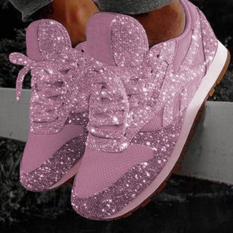 Damen Freizeitschuhe mit Glitzer, flache Schuhe, Schnürschuhe, Sneakers, Laufschuhe für draußen, Übergröße 37 rosa von Joom DACH