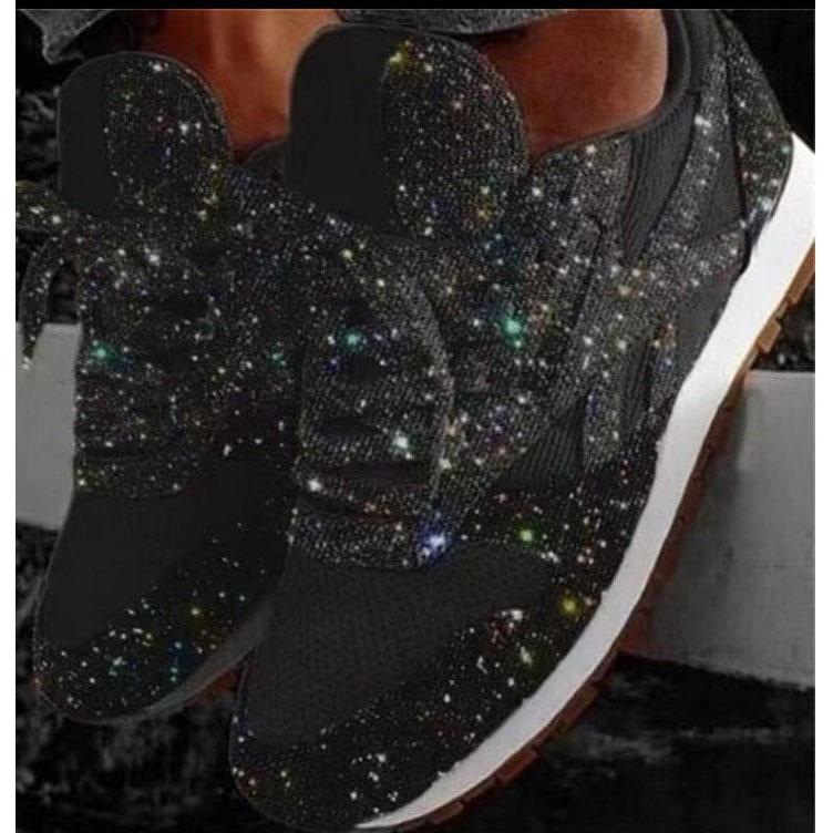 Damen Freizeitschuhe mit Glitzer, flache Schuhe, Schnürschuhe, Sneakers, Laufschuhe für draußen, Übergröße 42 schwarz von Joom DACH