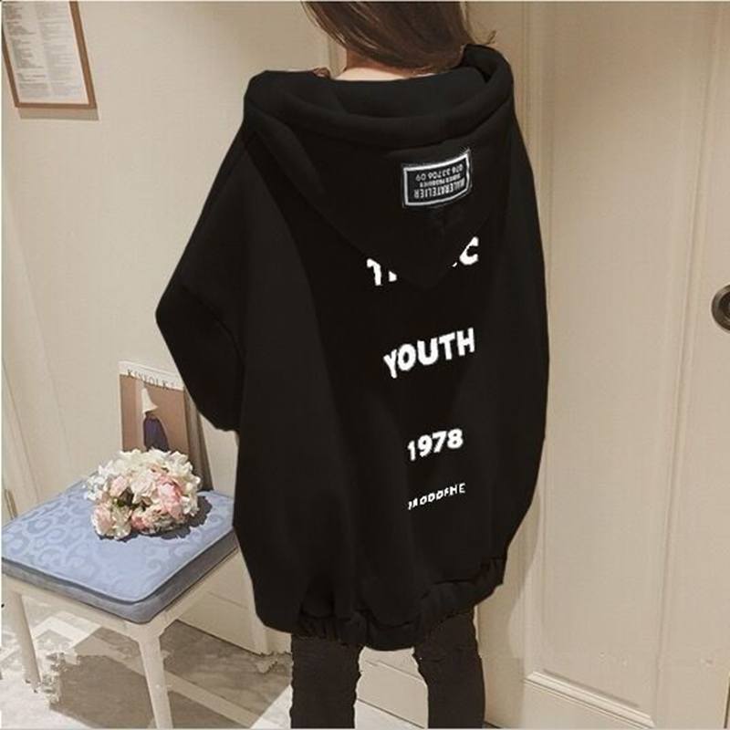 Damen Frühling/Herbst Lässige Langarm-Sweatshirts Hip Hop Street Reißverschluss Kordelzug Hoodie Buchstaben-Print Jacke Gothic Harajuku Stil Mäntel XXL schwarz von Joom DACH