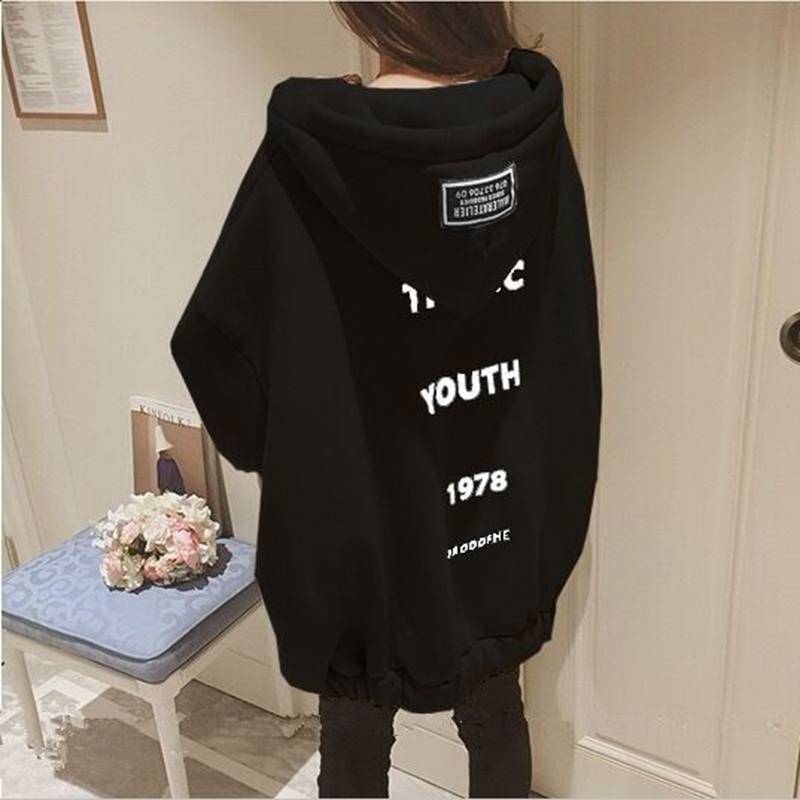 Damen Frühling/Herbst Lässige Langarm-Sweatshirts Hip Hop Street Reißverschluss Kordelzug Hoodie Buchstaben-Print Jacke Gothic Harajuku Stil Mäntel XXL schwarz von Joom DACH