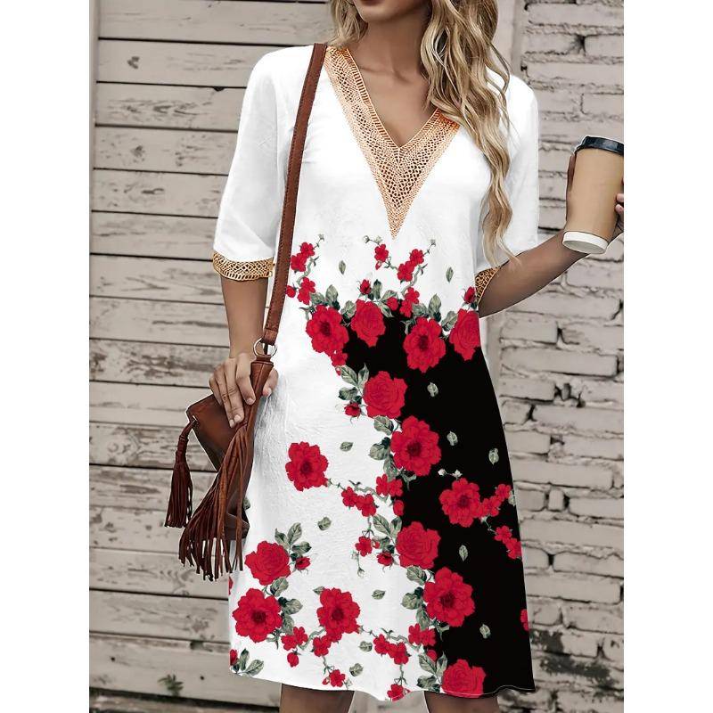 Damen Frühling/Sommer Printkleid Spitze V-Ausschnitt Loose Swing Kurzarm Mittellanges Kleid XXL von Joom DACH