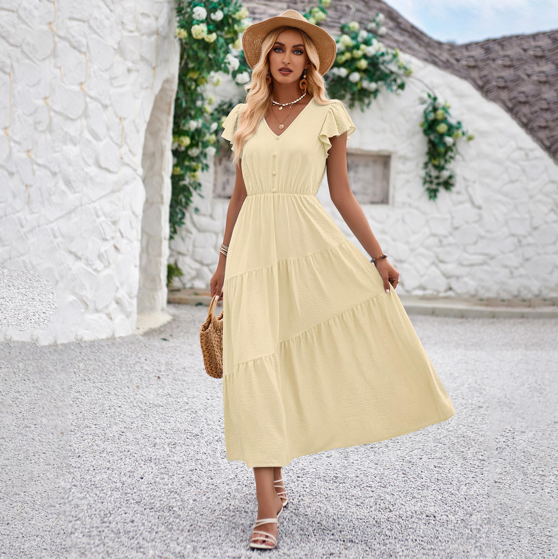 Damen Frühling Einfarbig V-Ausschnitt Kurze Lotusblattärmel Schlankes Kleid Sommer Lässig A-Linie Hohe Taille Lagen Lange Kleider S-XL L apricot Damen Frühling Einfarbig V-Ausschnitt Kurze Lotusblattärmel Schlankes Kleid Sommer Lässig A-Linie Hohe Taille Lagen Lange Kleider S-XL L apricot von Joom DACH