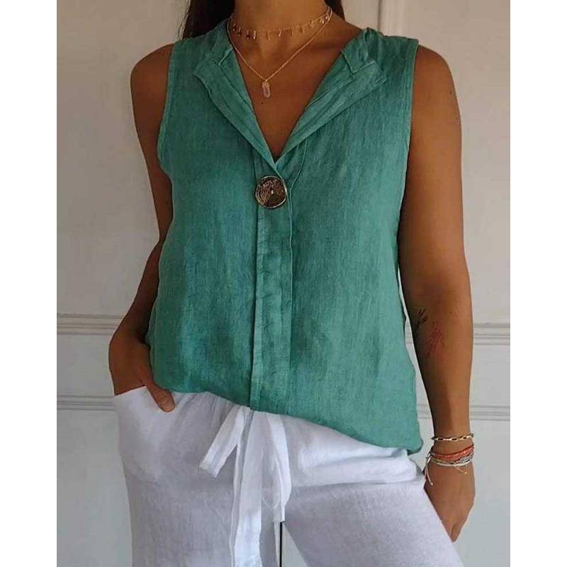 Damen Frühling Fake Cardigan V-Ausschnitt Chiffon Einfarbig Ärmellos Casual Tank Top XL grün von Joom DACH