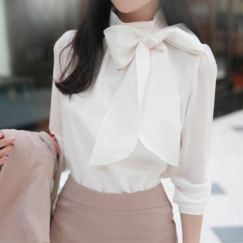 Damen Frühling Herbst Chiffon Blusen Shirts Elegante Schleife Rollkragen Einfarbig Langarm Casual Tops L weiß von Joom DACH