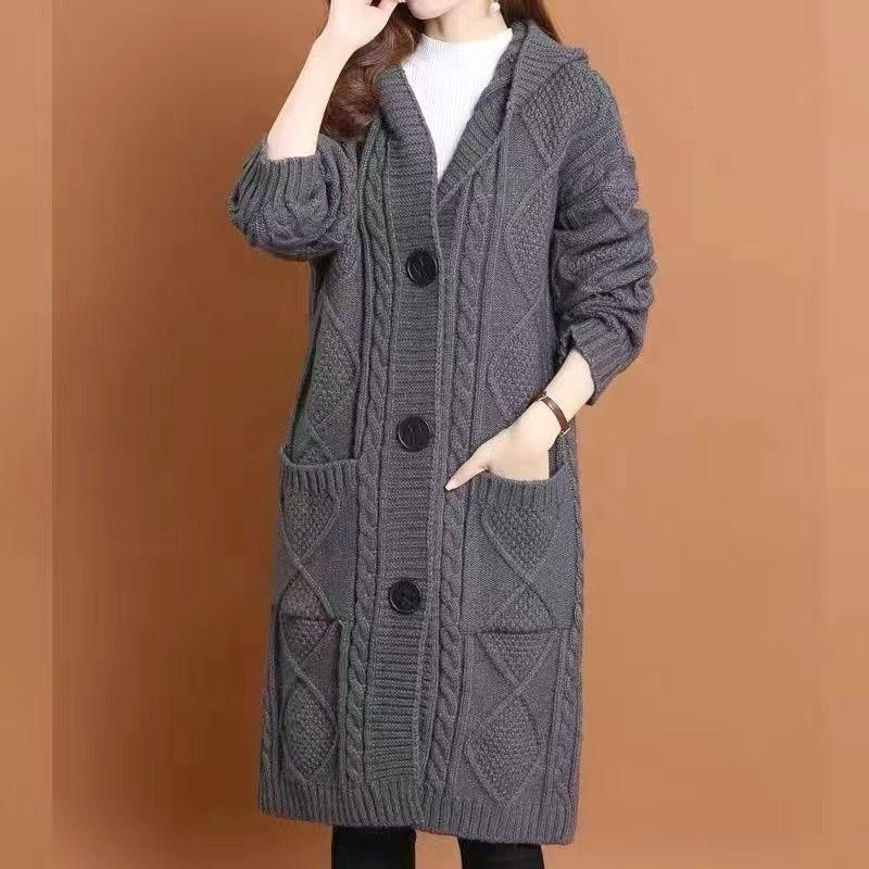 Damen Frühling Herbst Jacquard Twists Strickjacke Pullover Große Größe Lange Kapuze Einreihig Strickjacke Mantel XXXXXL grau von Joom DACH