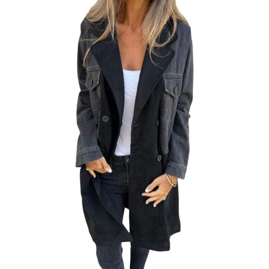 Damen Frühling Herbst Mantel Jeansjacke Mantel Patchwork Zweireihig mit Klappentaschen XL schwarz von Joom DACH