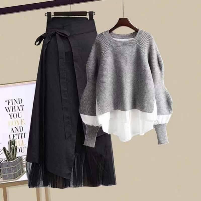 Damen Frühling Herbst Mode Zweiteiliger Strickpullover Träger A-Linien Rock Anzug Elegant Pullover Kleid Passendes Set L von Joom DACH