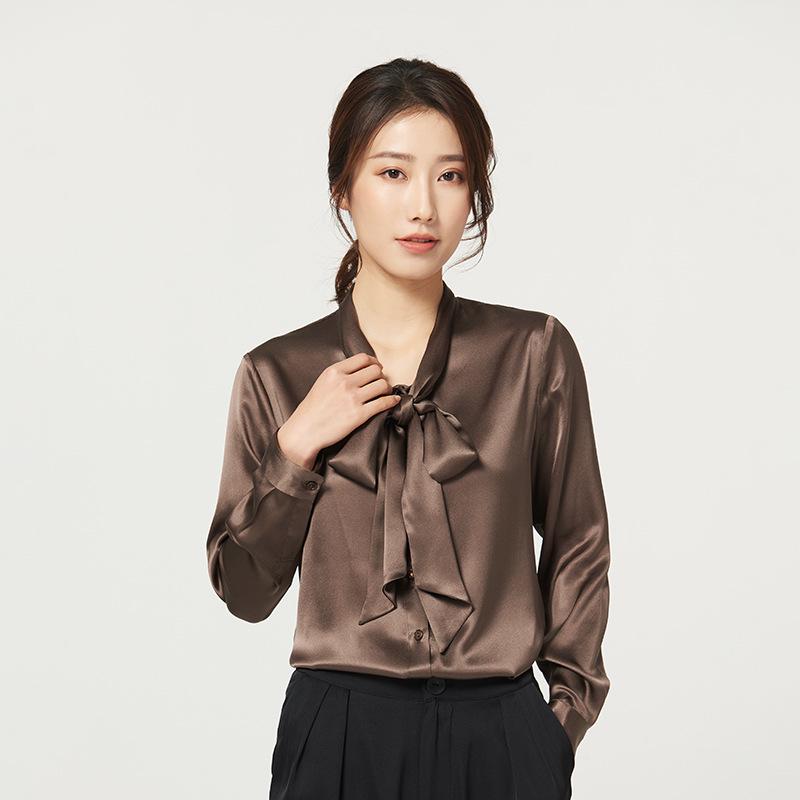 Damen Frühling Seidensatin Bluse mit Schleife - Langarm Large von Joom DACH