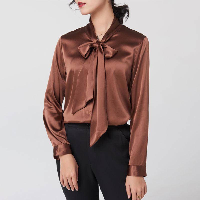 Damen Frühling Seidensatin Bluse mit Schleife - Langarm Medium von Joom DACH