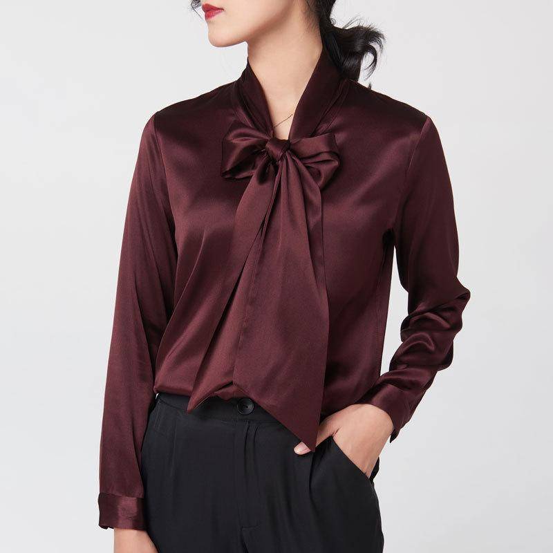 Damen Frühling Seidensatin Bluse mit Schleife - Langarm Small von Joom DACH