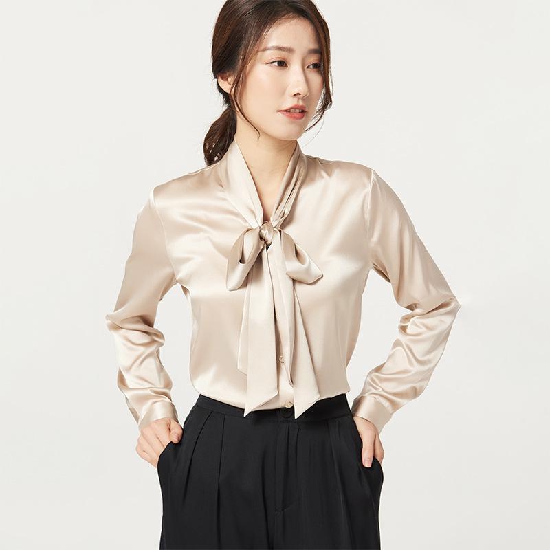 Damen Frühling Seidensatin Bluse mit Schleife - Langarm Small von Joom DACH