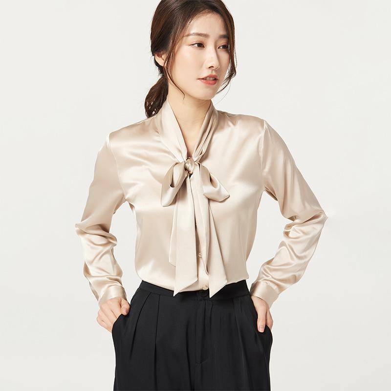 Damen Frühling Seidensatin Bluse mit Schleife - Langarm Small von Joom DACH