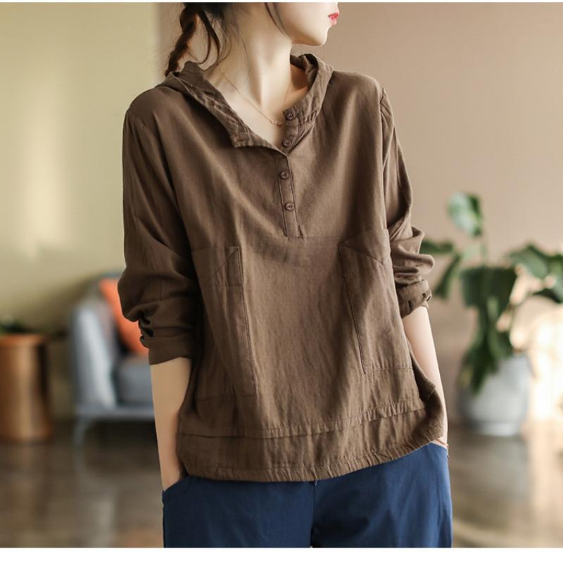 Damen Frühling Sommer Casual Pullover Hoodie T-Shirts Mode Einfarbig Tees Büro Damen Baumwolle Leinen Langarm Tops XXL kaffeebraun von Joom DACH