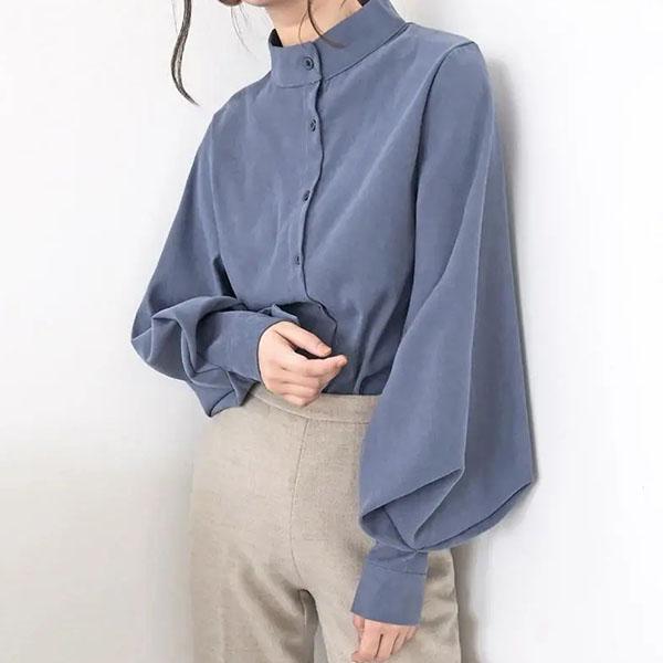 Damen Frühling Sommer Große Größe Vintage Bluse Damen Herbst Einfarbig Langarm Lose Stehkragen Shirts XXL blau von Joom DACH