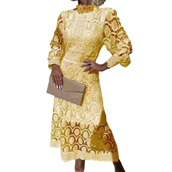 Damen Frühling Sommerkleid Stehkragen Lange Ärmel Aushöhlen Spitze Einfarbig Doppellagig Retro Hohe Taille Abschlussball Party Pendeln Maxikleid XXL gelb von Joom DACH