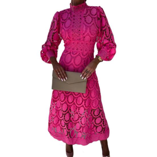 Damen Frühling Sommerkleid Stehkragen Lange Ärmel Aushöhlen Spitze Einfarbig Doppellagig Retro Hohe Taille Abschlussball Party Pendeln Maxikleid XXL von Joom DACH