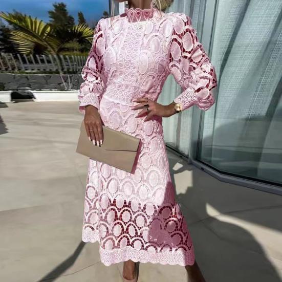 Damen Frühling Sommerkleid Stehkragen Lange Ärmel Aushöhlen Spitze Einfarbig Doppellagig Retro Hohe Taille Abschlussball Party Pendeln Maxikleid XXL von Joom DACH