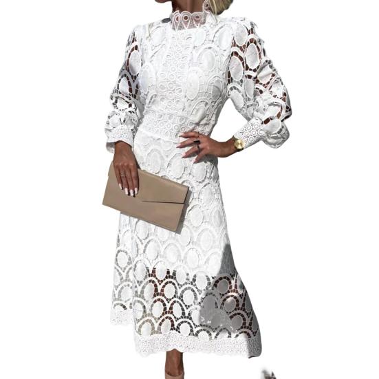 Damen Frühling Sommerkleid Stehkragen Lange Ärmel Aushöhlen Spitze Einfarbig Doppellagig Retro Hohe Taille Abschlussball Party Pendeln Maxikleid XXL weiß von Joom DACH