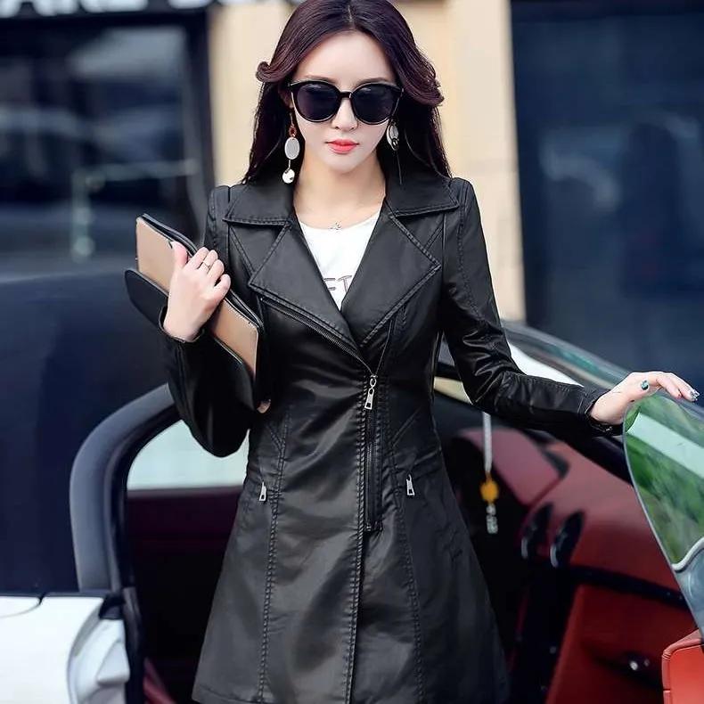 Damen Frühling und Herbst Einfarbig Mittellange PU Lederjacke Temperament Schlanke Taille Windjacke 2XL schwarz von Joom DACH