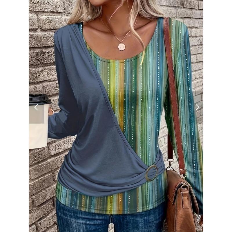 Damen Frühling und Herbst Neues Rundhals-Einfarbiges Spleißen Druck Lässiges Langarm-Top Loses T-Shirt XXL von Joom DACH