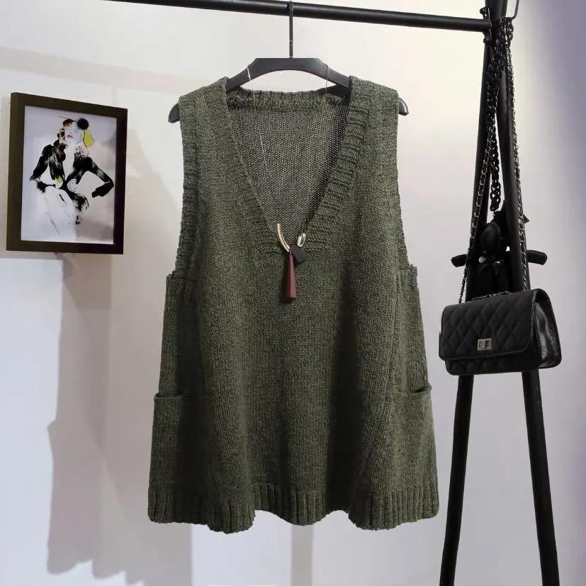 Damen Frühling und Herbst Übergröße Set Kopf A-Linie Version des Strickpullovers Lockeres ärmelloses Unterhemd mit Taschen und V-Ausschnitt 4XL von Joom DACH