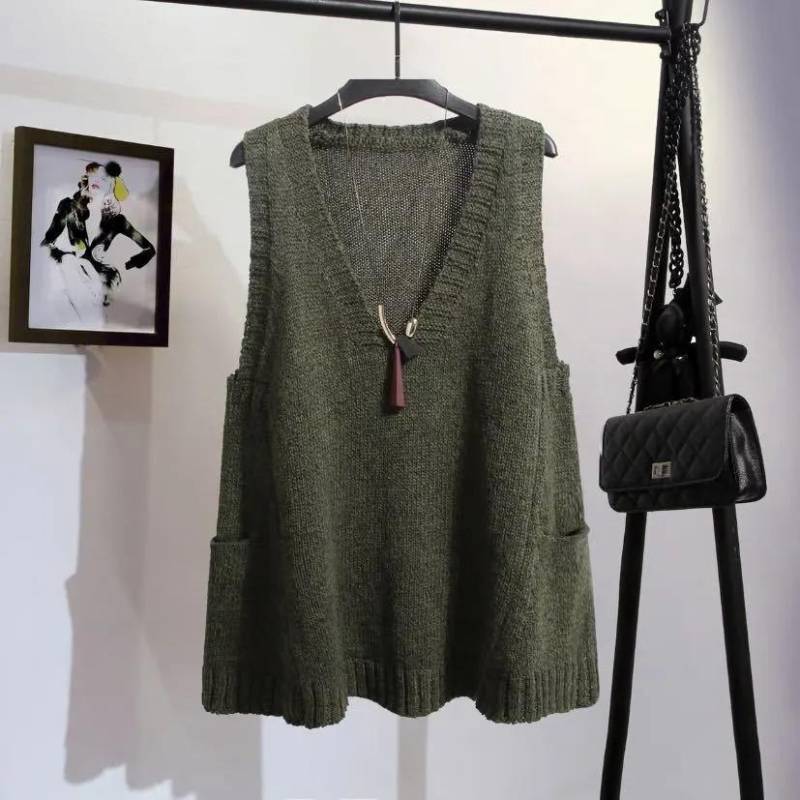 Damen Frühling und Herbst Übergröße Set Kopf A-Linie Version des Strickpullovers Lockeres ärmelloses Unterhemd mit Taschen und V-Ausschnitt 4XL von Joom DACH