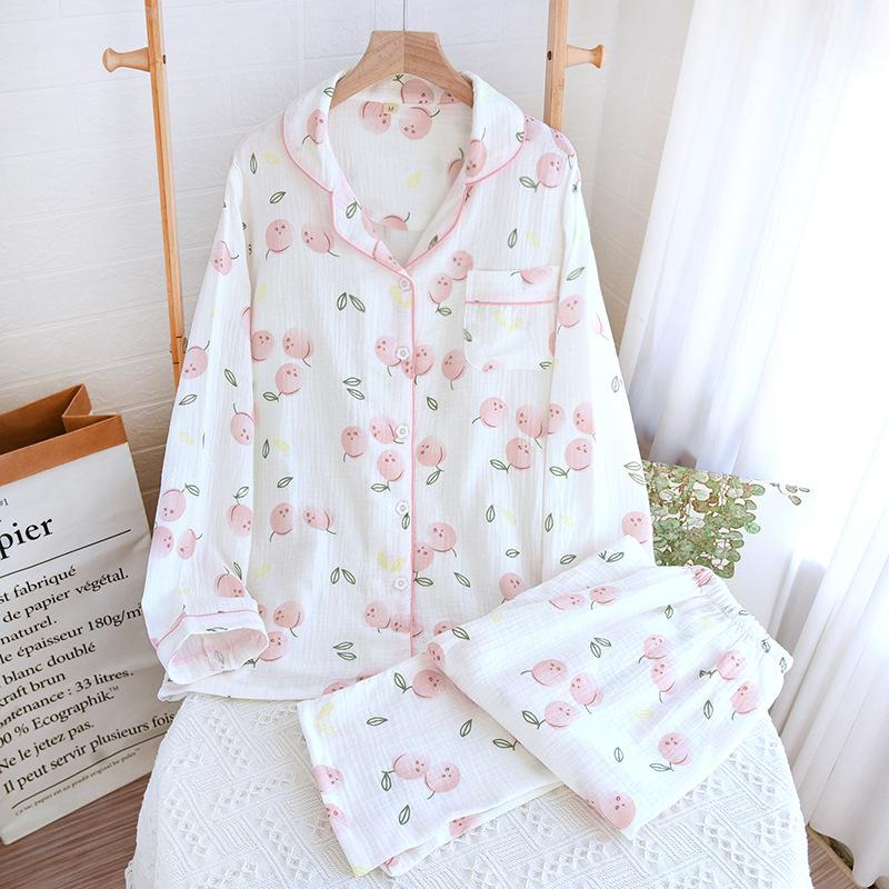 Damen Frühling und Sommer Bedruckter Pyjama Set 100% Baumwolle Dünn Langärmlig Zweiteiliges Set Frisch und Süß Cardigan L weiß von Joom DACH