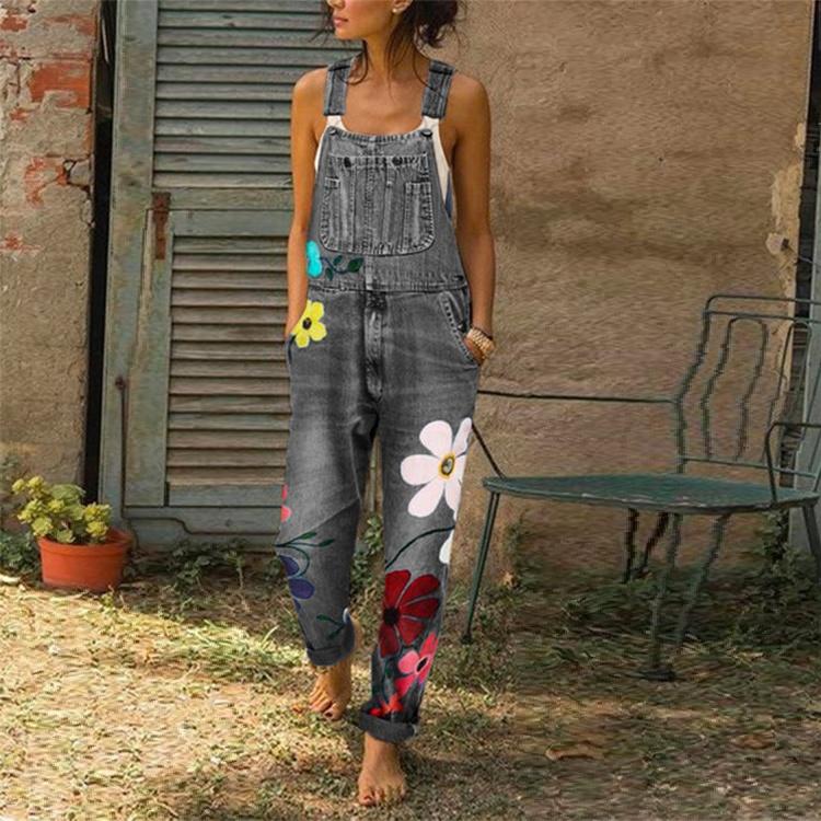 Damen Frühling und Sommer Denim-Overalls, Blumen-bedruckte Overalls, lockere, lässige lange Hosen, Übergröße XS-6XL 3XL grau von Joom DACH