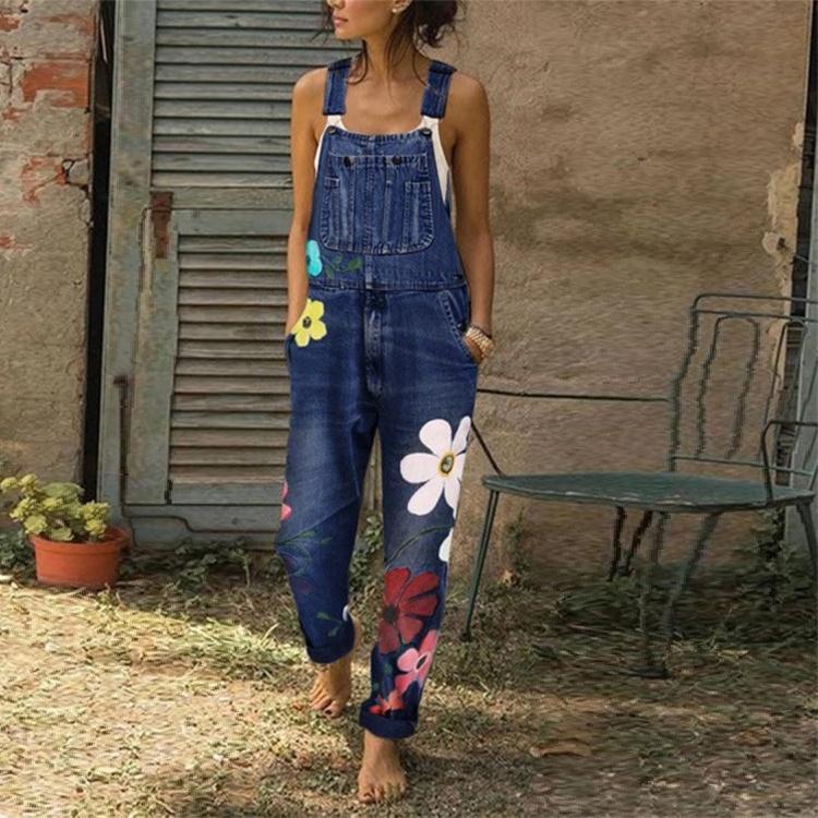 Damen Frühling und Sommer Denim-Overalls, Blumen-bedruckte Overalls, lockere, lässige lange Hosen, Übergröße XS-6XL L dunkelblaue Damen Frühling und Sommer Denim-Overalls, Blumen-bedruckte Overalls, lockere, lässige lange Hosen, Übergröße XS-6XL L dunkelblaue von Joom DACH