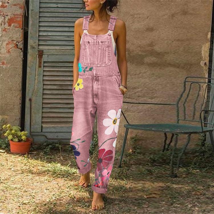 Damen Frühling und Sommer Denim-Overalls, Blumen-bedruckte Overalls, lockere, lässige lange Hosen, Übergröße XS-6XL M rosa von Joom DACH