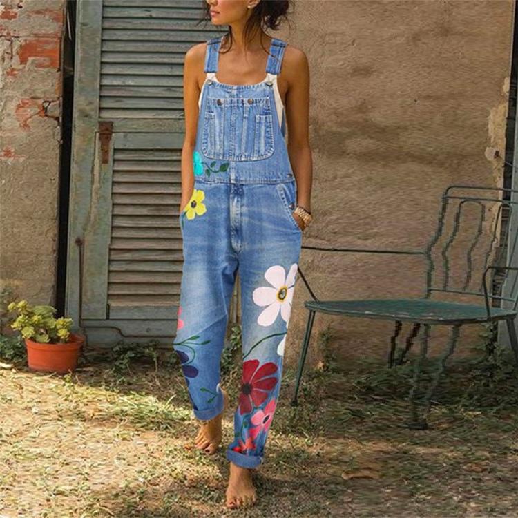 Damen Frühling und Sommer Denim-Overalls, Blumen-bedruckte Overalls, lockere, lässige lange Hosen, Übergröße XS-6XL XL hellblaue von Joom DACH