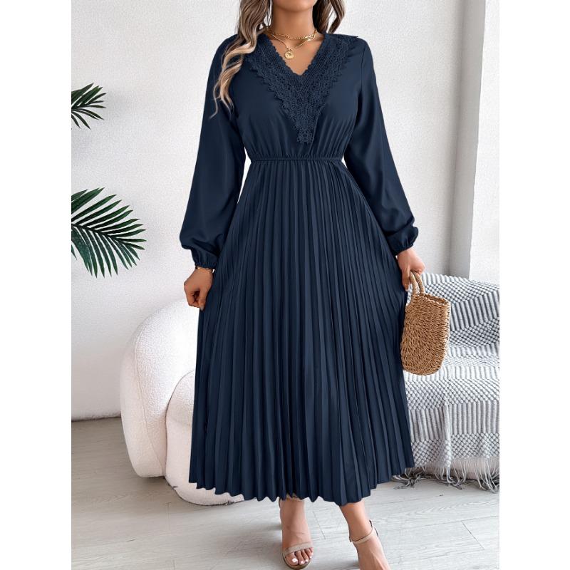 Damen Frühling und Sommer Elegant Temperament V-Ausschnitt Spitze Taille Plissee Langes Kleid M dunkelblau von Joom DACH