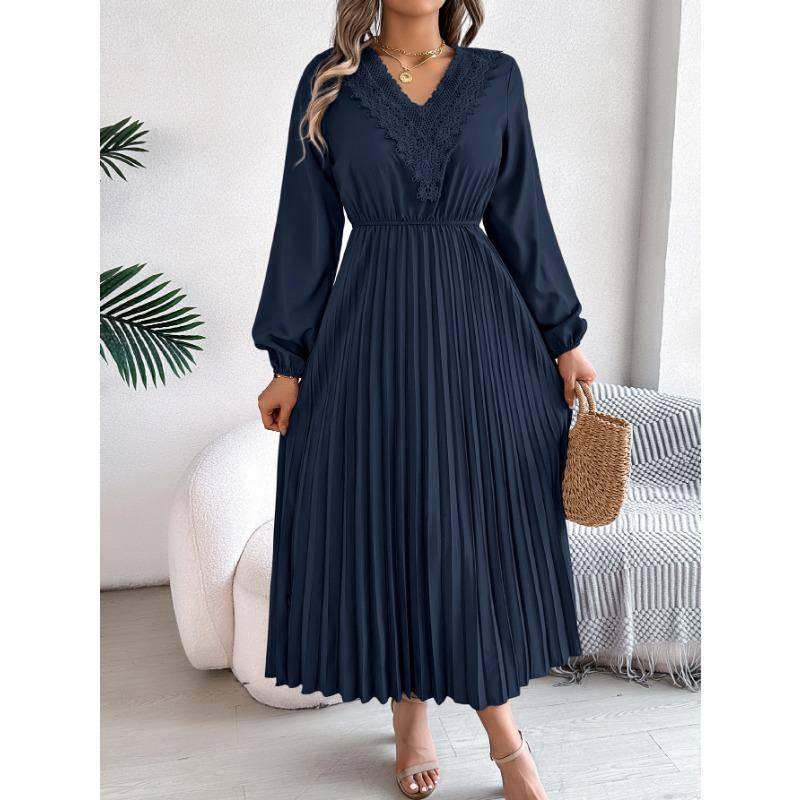 Damen Frühling und Sommer Elegant Temperament V-Ausschnitt Spitze Taille Plissee Langes Kleid M dunkelblau von Joom DACH