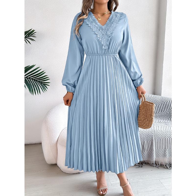 Damen Frühling und Sommer Elegant Temperament V-Ausschnitt Spitze Taille Plissee Langes Kleid XL hellblaue von Joom DACH