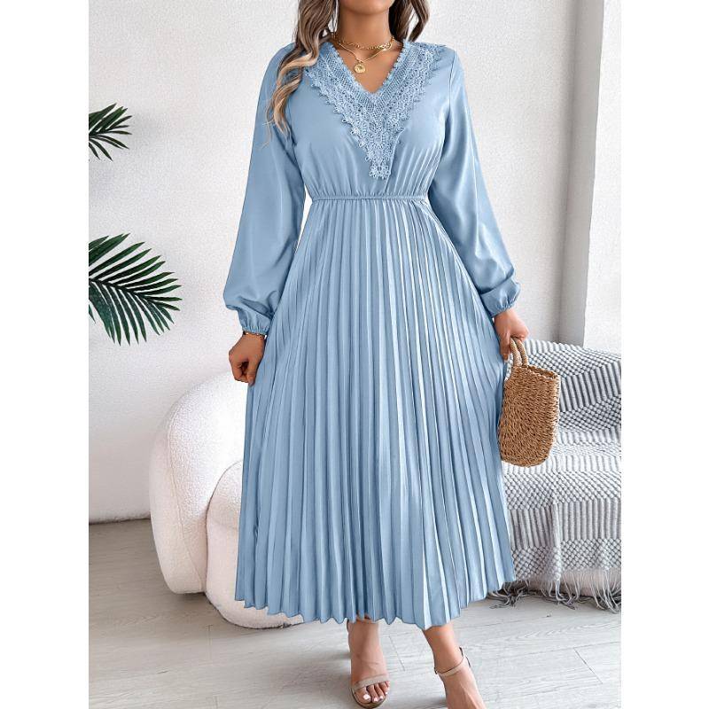 Damen Frühling und Sommer Elegant Temperament V-Ausschnitt Spitze Taille Plissee Langes Kleid XL hellblaue von Joom DACH