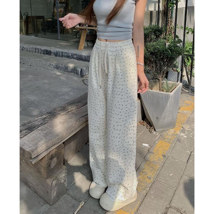 Damen Frühling und Sommer Hohe Taille Kordelzug Kleiner Blumendruck Lose Lazy Casual Pants Weite Beinhose Damen Frühling XL von Joom DACH
