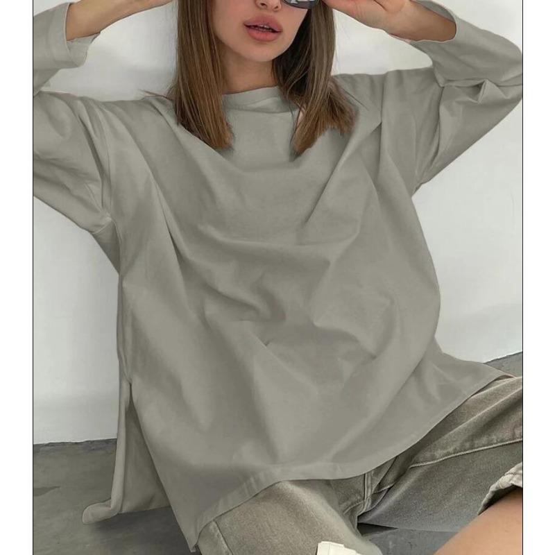 Damen Frühling und Sommer Lose Langarm Split T-Shirt Volltonfarbe Baumwolle Tops L helle khaki von Joom DACH