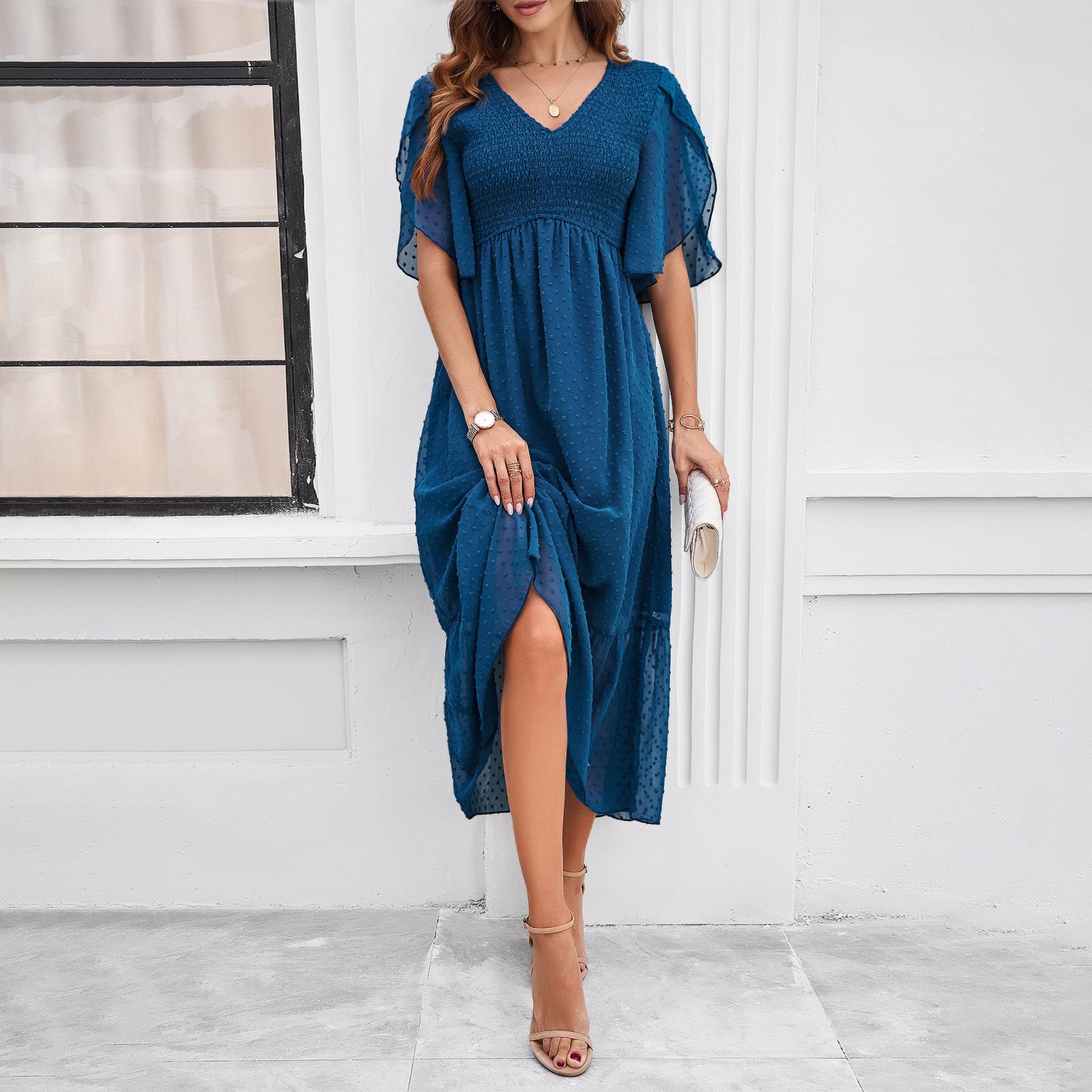 Damen Frühling und Sommer Temperament Elegantes einfarbiges Kleid mit V-Ausschnitt XL navy blau von Joom DACH