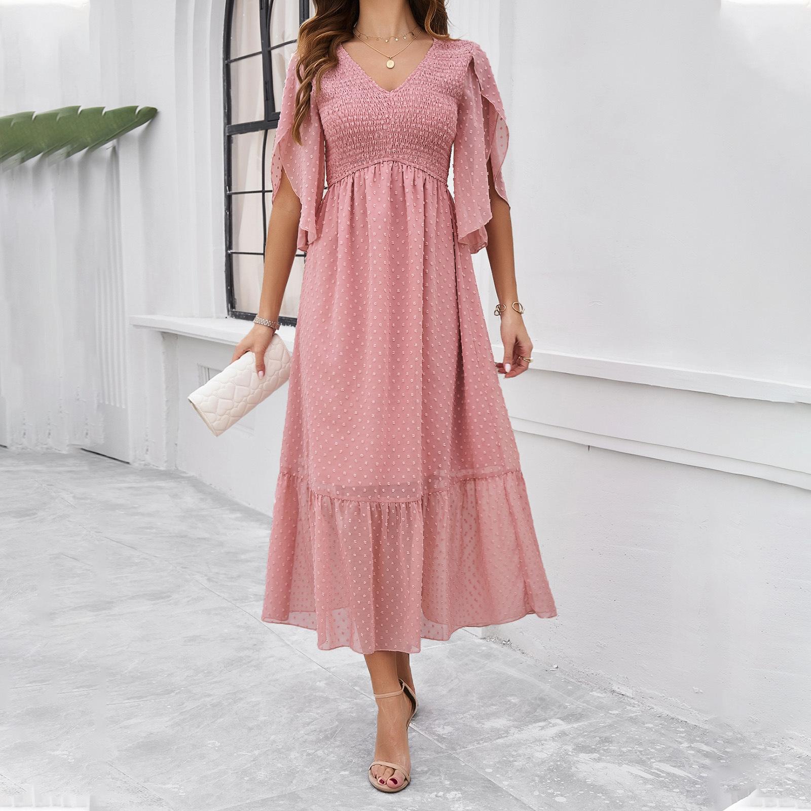 Damen Frühling und Sommer Temperament Elegantes einfarbiges Kleid mit V-Ausschnitt XL rosa von Joom DACH