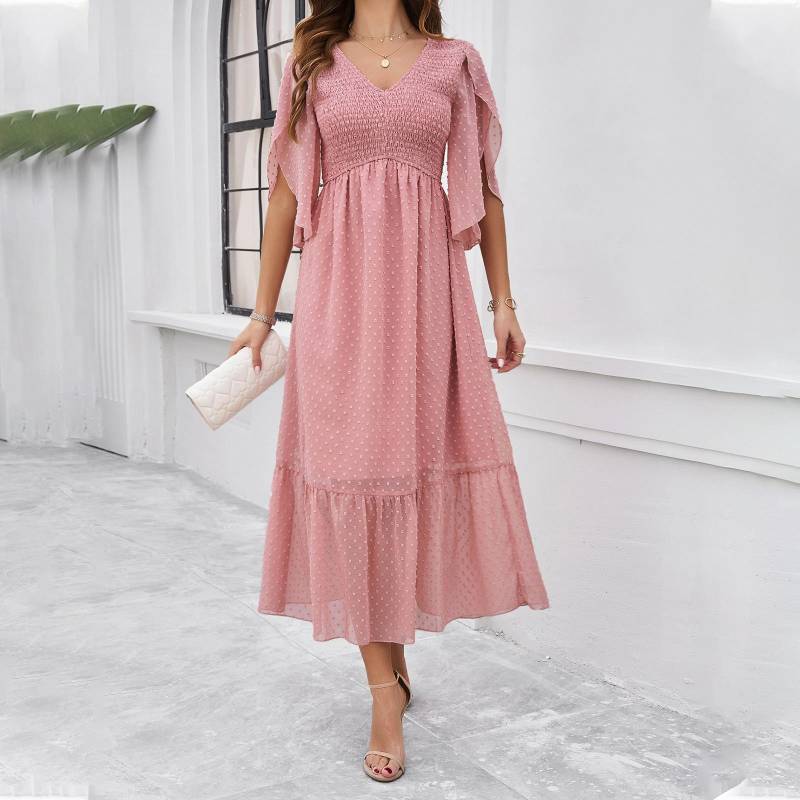 Damen Frühling und Sommer Temperament Elegantes einfarbiges Kleid mit V-Ausschnitt XL rosa von Joom DACH