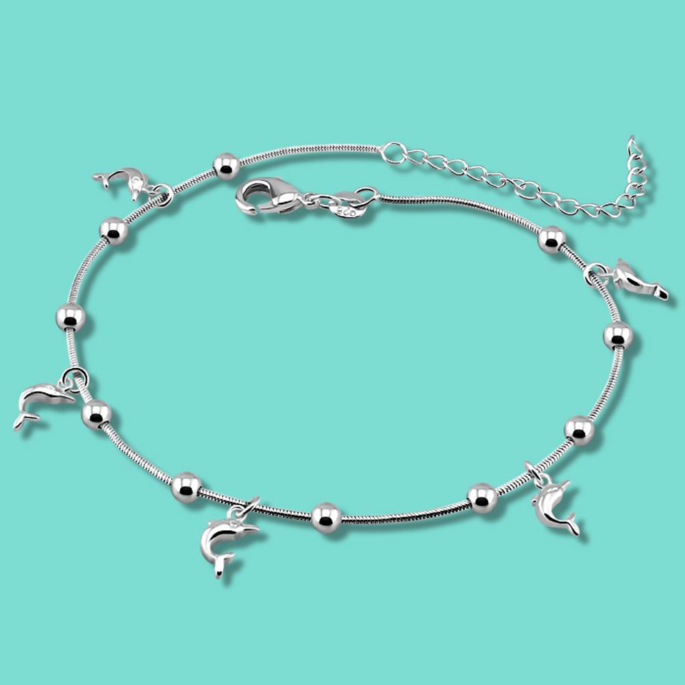 Damen-Fußkettchen aus 925er-Sterlingsilber, minimalistischer Delfin-Anhänger, massives Silber-Knöchelarmband, 28 cm lange Kette, Sommer- und Strandschmuck von Joom DACH