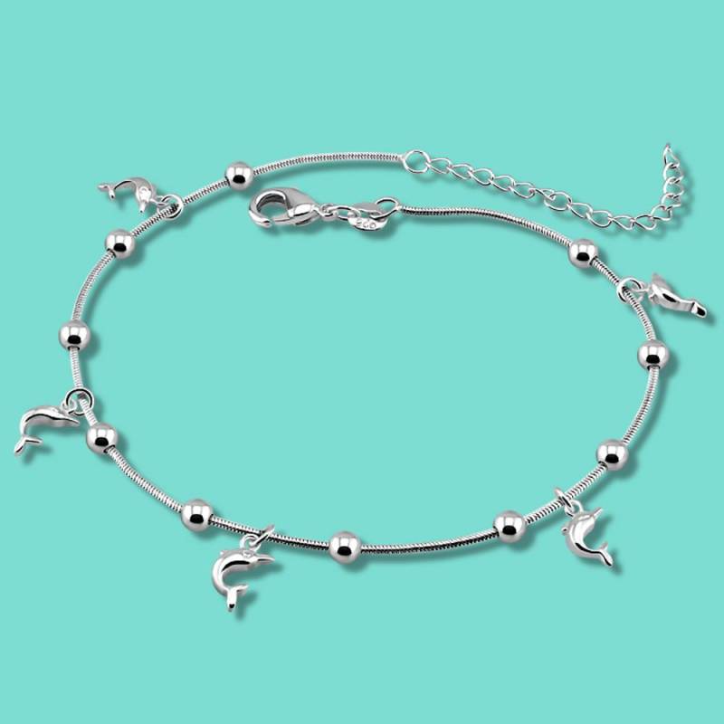 Damen-Fußkettchen aus 925er-Sterlingsilber, minimalistischer Delfin-Anhänger, massives Silber-Knöchelarmband, 28 cm lange Kette, Sommer- und Strandschmuck von Joom DACH