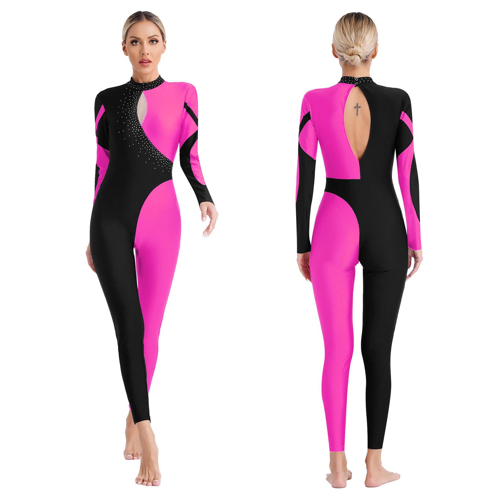 Damen Ganzkörper Gymnastikanzug Jumpsuit Langarm Kontrastfarbe Strass Ballett Skating Strampler Performance Tanzbekleidung XL heißes rosa von Joom DACH