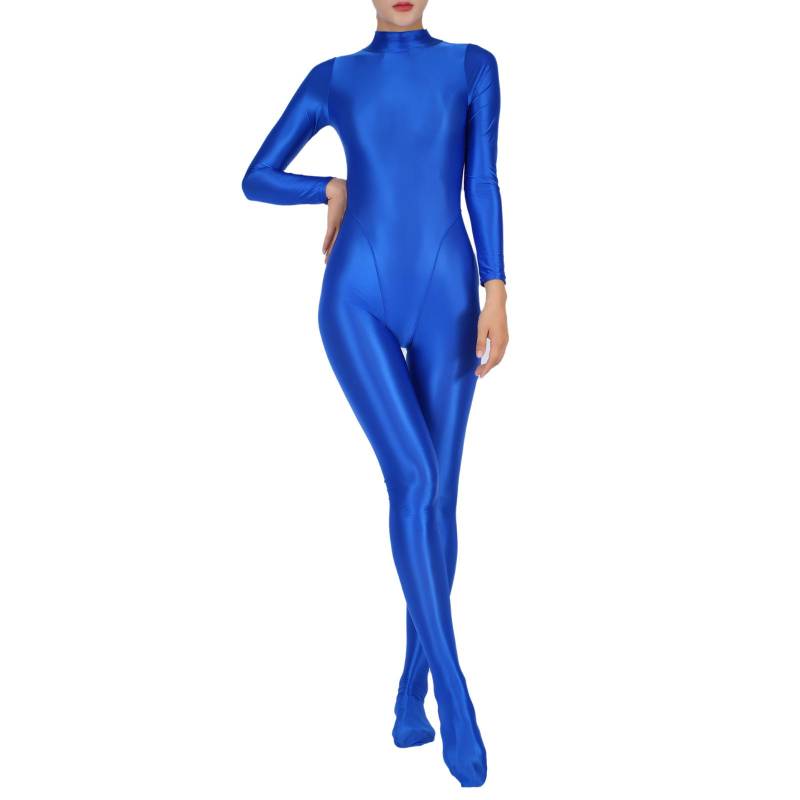 Damen Ganzkörper-Jumpsuit Sport Gym Yoga Tights Bodysuit Rollkragen Langarm Mit Füßen Einteiliger Jumpsuit Clubwear Sportwear 3XL blau von Joom DACH