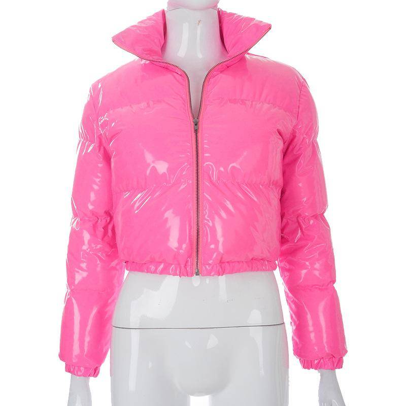 Damen Gefütterter Kurzmantel Solide Stehkragen Strickjacke Winter Daunenjacke Lackleder Glänzend Oberbekleidung Gefütterter Mantel 21907 L rosa von Joom DACH