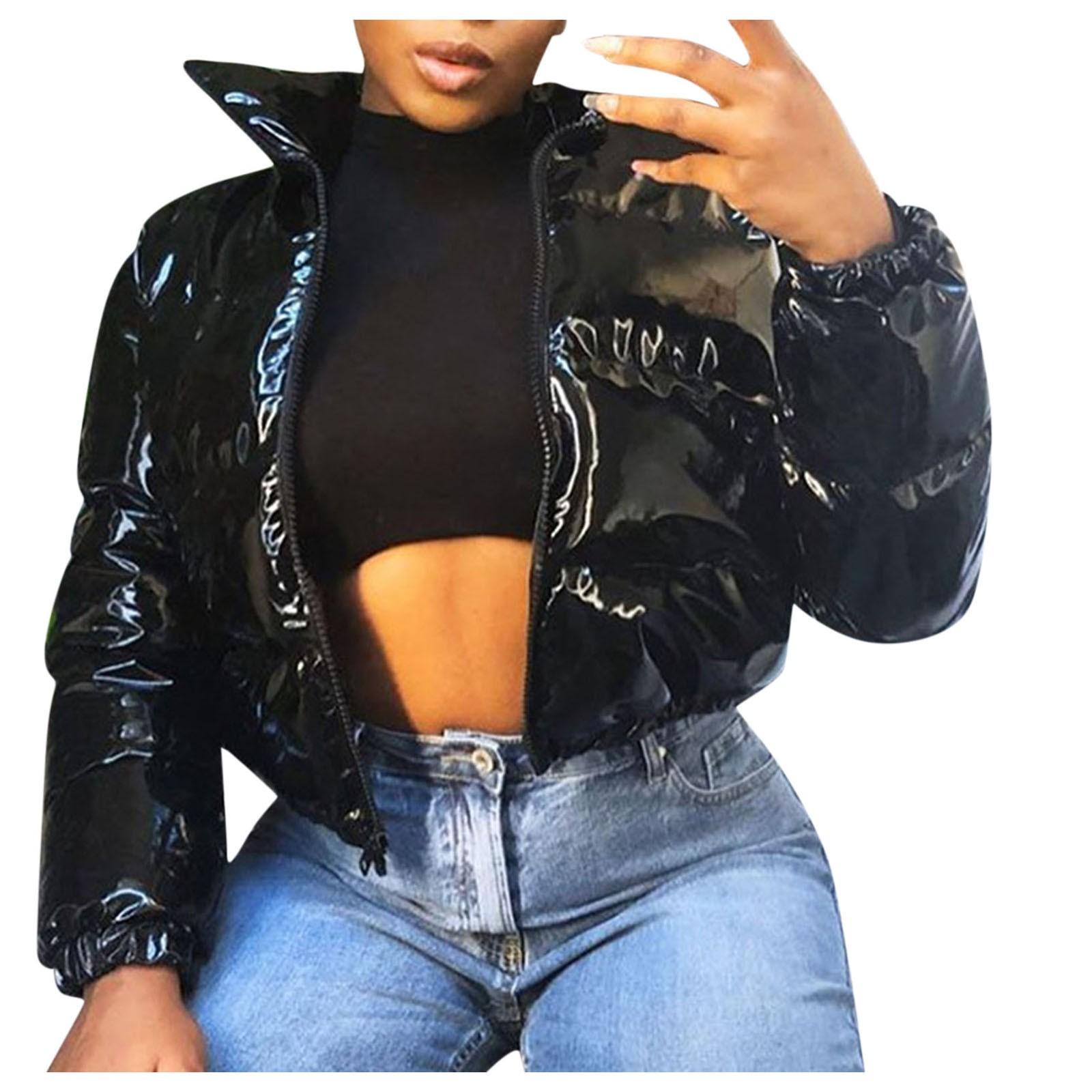 Damen Gefütterter Kurzmantel Solide Stehkragen Strickjacke Winter Daunenjacke Lackleder Glänzend Oberbekleidung Gefütterter Mantel 21907 S von Joom DACH