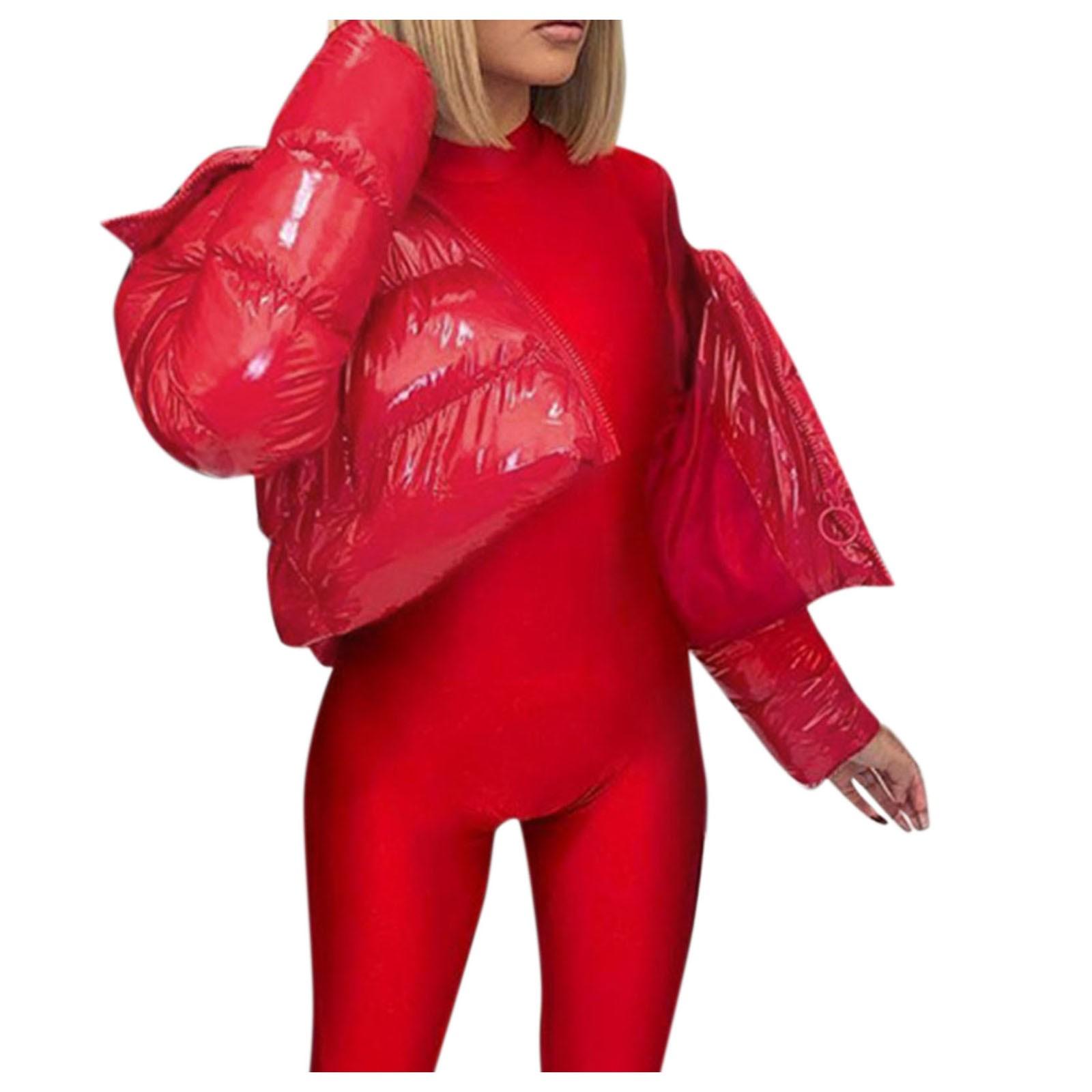 Damen Gefütterter Kurzmantel Solide Stehkragen Strickjacke Winter Daunenjacke Lackleder Glänzend Oberbekleidung Gefütterter Mantel 21907 XL rot von Joom DACH