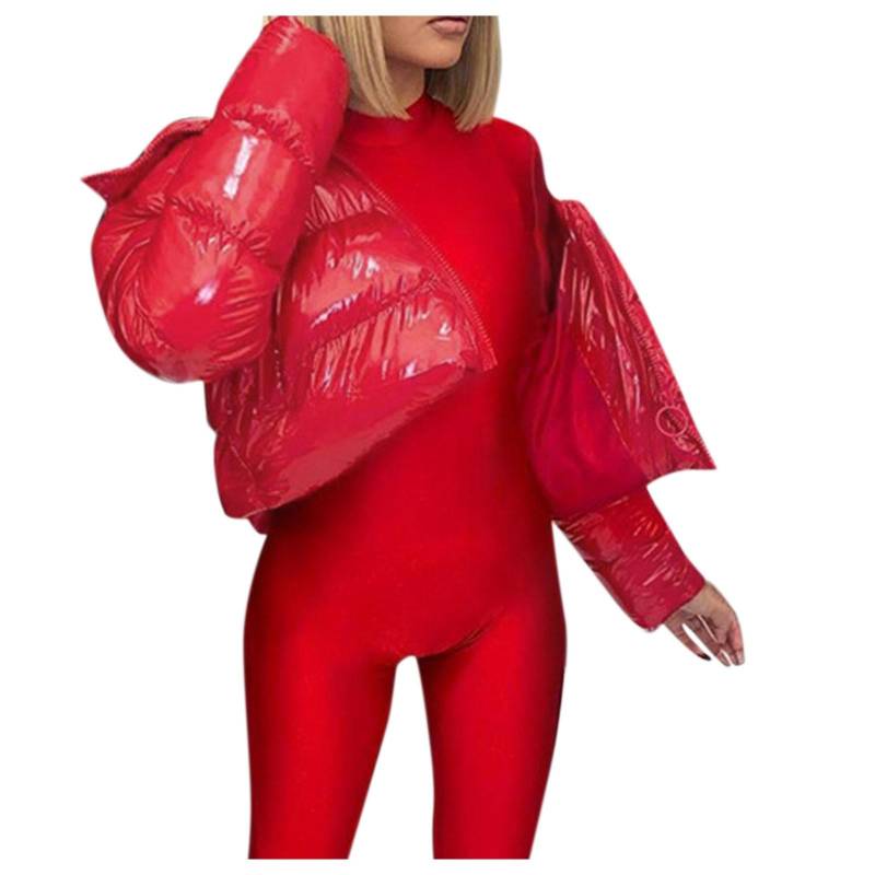 Damen Gefütterter Kurzmantel Solide Stehkragen Strickjacke Winter Daunenjacke Lackleder Glänzend Oberbekleidung Gefütterter Mantel 21907 XL rot von Joom DACH